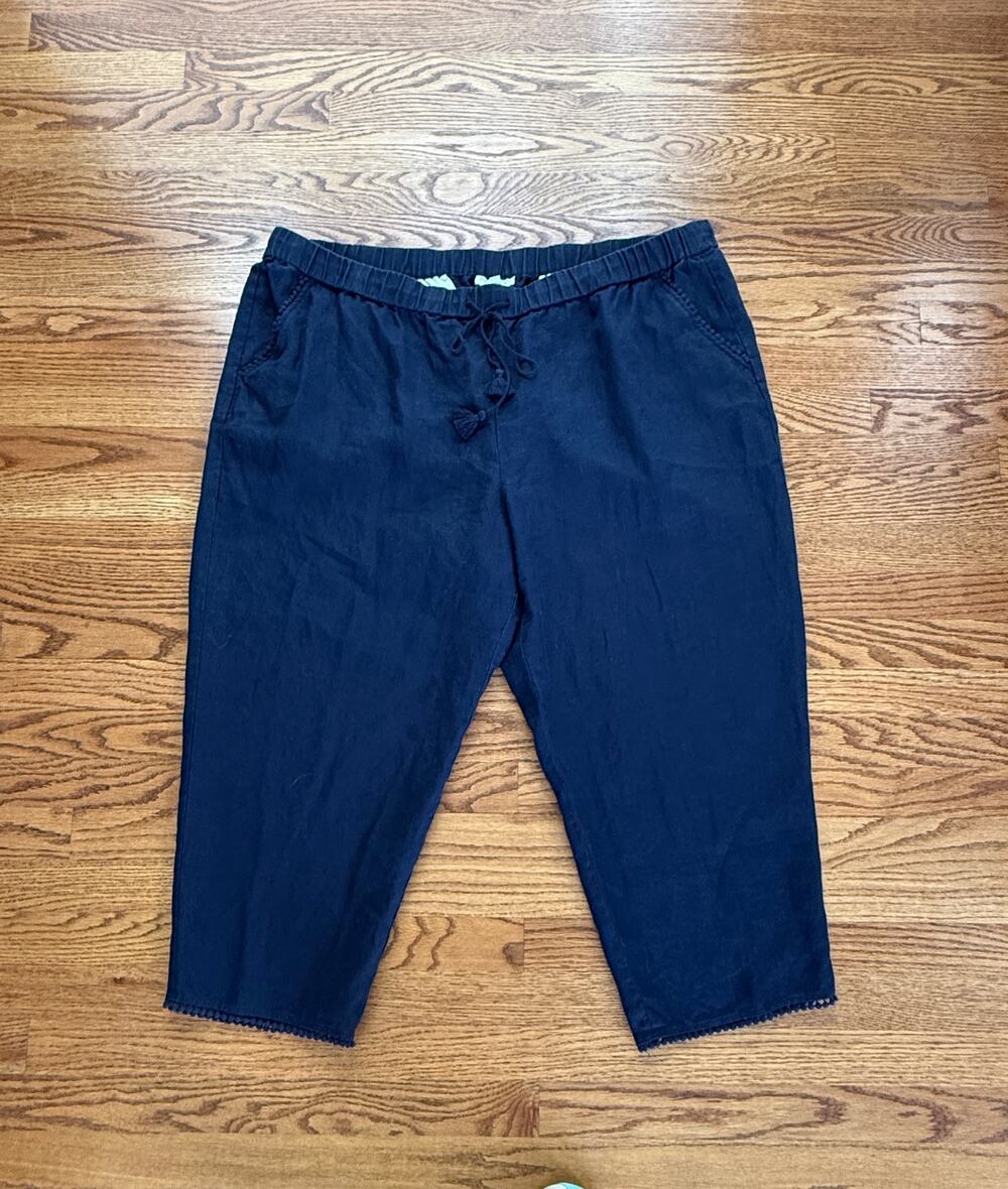 Talbots Navy Blue Linen Pull-On Cropped Drawstring 22W Pant Capri Coastal